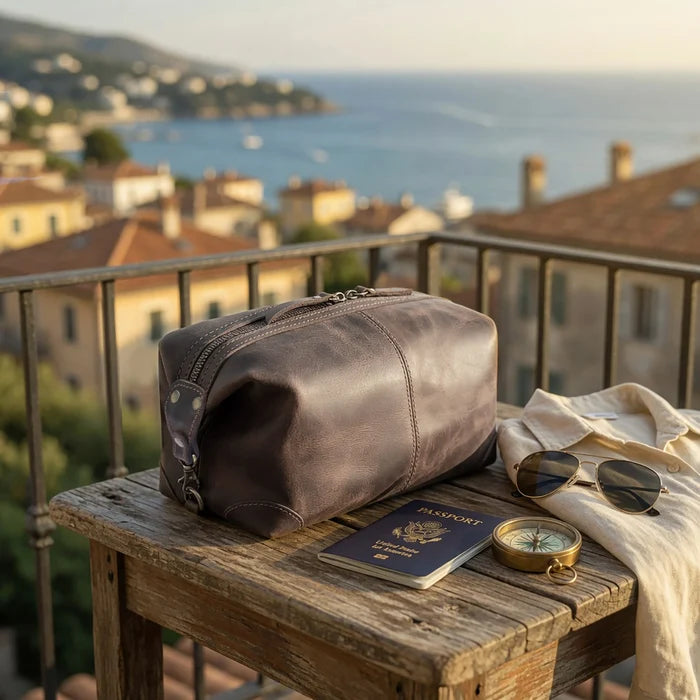 Avery Leather Toiletry Bag - Premium Travel Shaving Dopp Kit