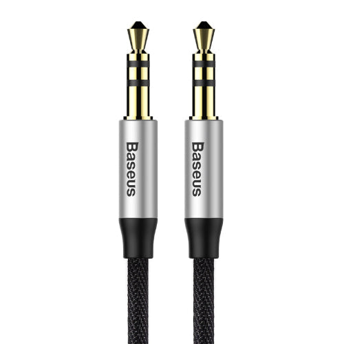 The image shows a close-up of the Baseus Yiven Audio Cable with silver connectors on one end and black braided cable.