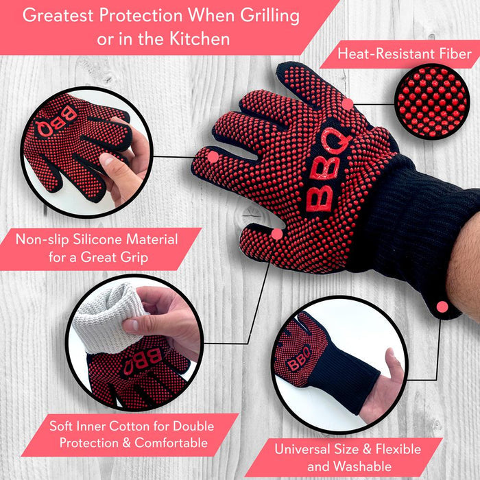BBQ Gloves 1472°F Heat Resistant Silicone Grip 14" Washable Mitts