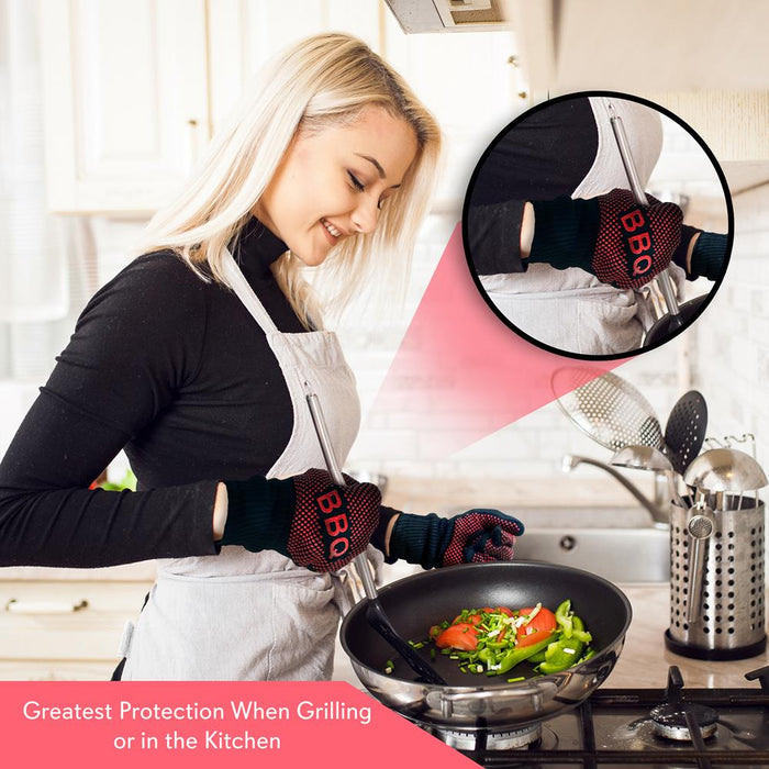 BBQ Gloves 1472°F Heat Resistant Silicone Grip 14" Washable Mitts