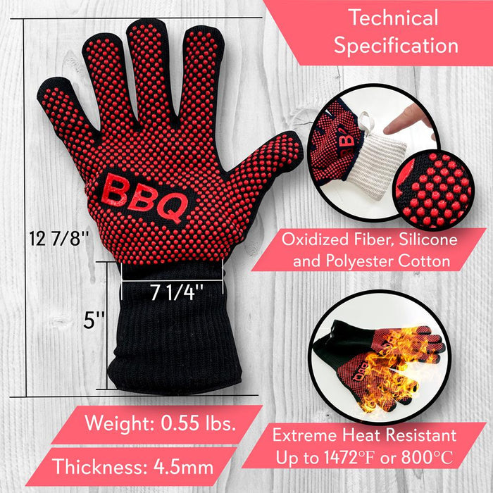 BBQ Gloves 1472°F Heat Resistant Silicone Grip 14" Washable Mitts