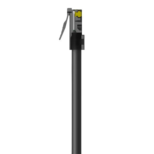 Black cylindrical object with a yellow label on a white background
