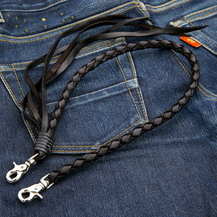 The 25-inch black leather wallet lanyard with tassels and lobster clasps.