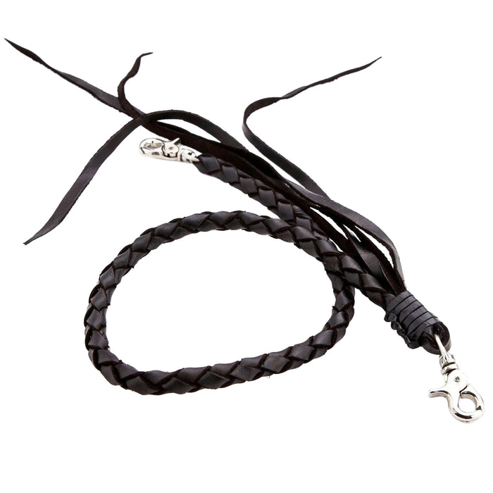 The handmade genuine black cowhide wallet chain with tassels, isolated on a white background.