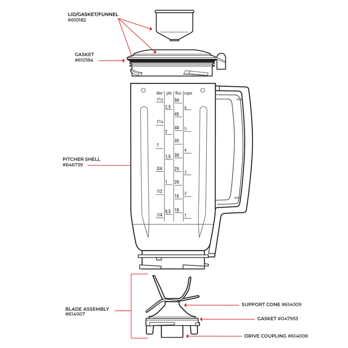 Technical illustration of the Bosch blender attachment and its parts