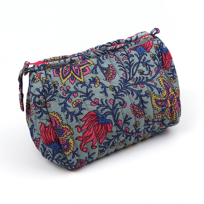 Blue & Bright Pink Mix Paisley Floral Quilted Toiletry/Make-Up Bag - Small