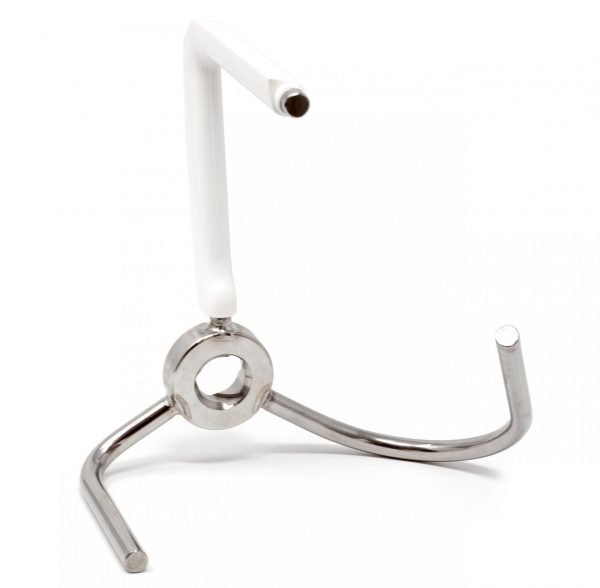 Side view of a stainless steel bottom drive dough hook on a white background