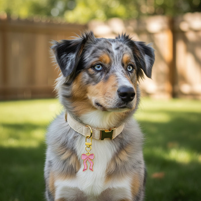 A blue-eyed Australian Shepherd with a merle coat sits on green grass, wearing The Darling Effect’s Bow Pink Pawfect Collar Charm, in a fenced backyard with sunlight and blurred trees in the background.
