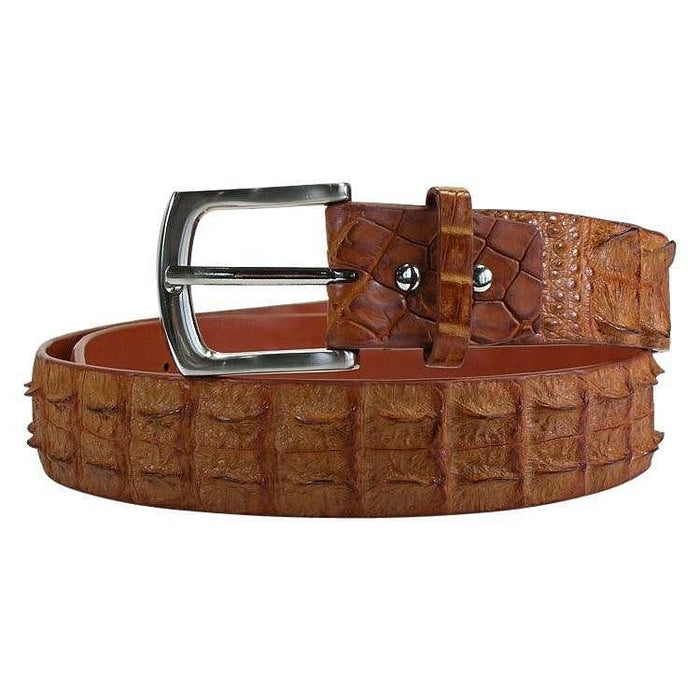 Close up of silver buckle on brown exotic leather belt