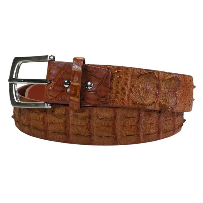 Side view of crocodile skin belt buckle and loop stitching