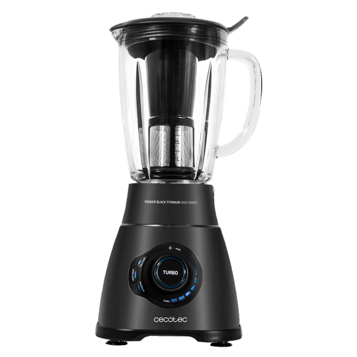 Black blender with clear container on a white background