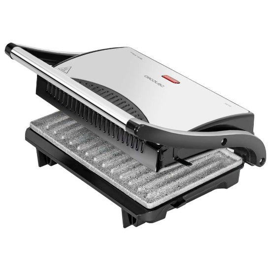 Compact grill with a metallic finish on a white background