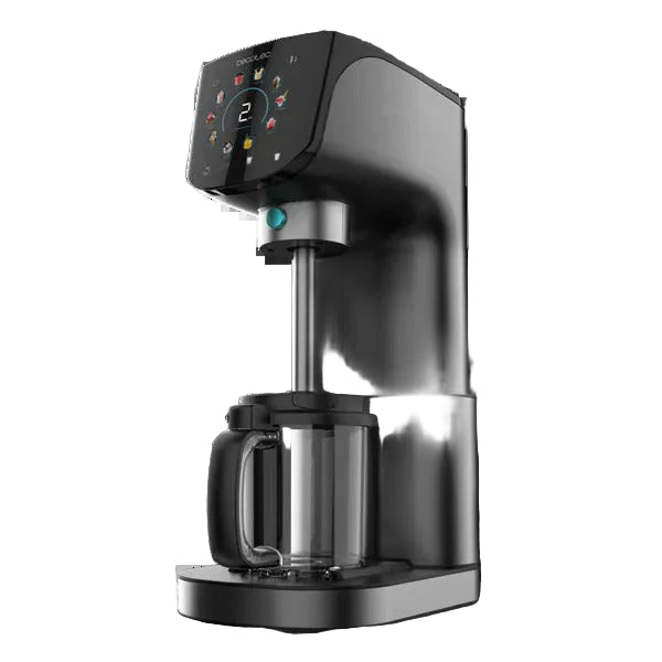 Black and silver kitchen appliance with digital display on a white background