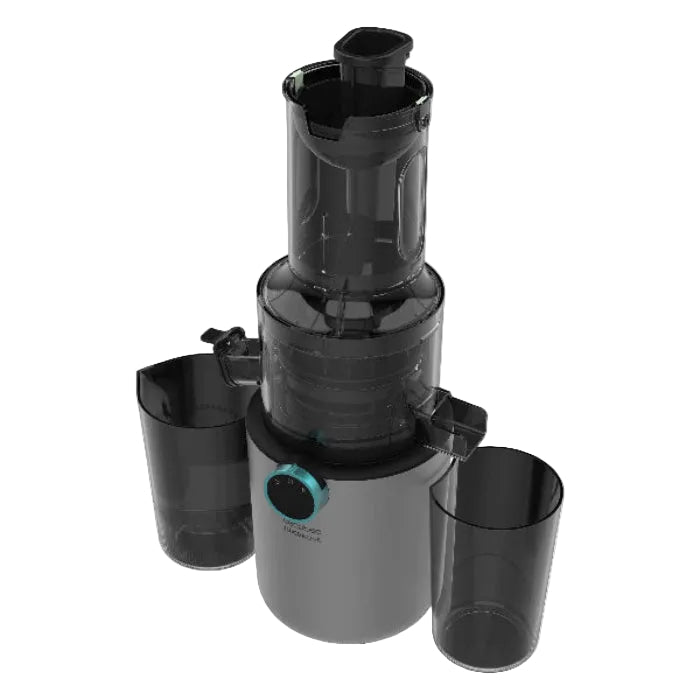 Black and gray juicer with two cups on a white background