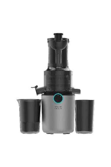 Black and silver juicer with two cups on a white background