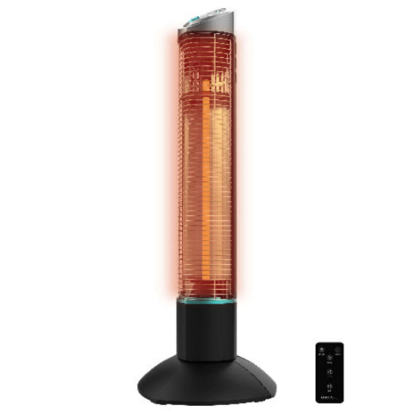 Tower patio heater with glowing interior and remote control on a white background
