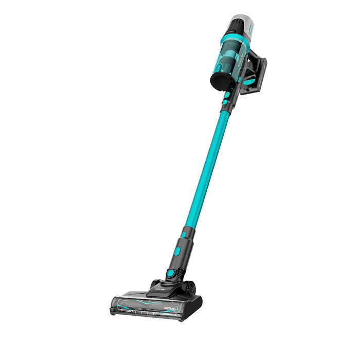Teal and black cordless vacuum cleaner on a white background