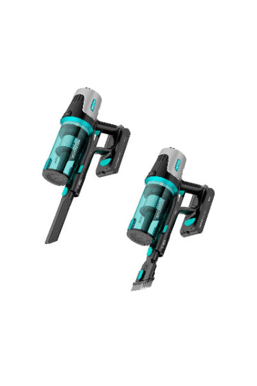Two black and teal vacuum attachments on a white background