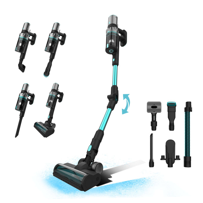 Multifunctional vacuum cleaner with various attachments on a white background