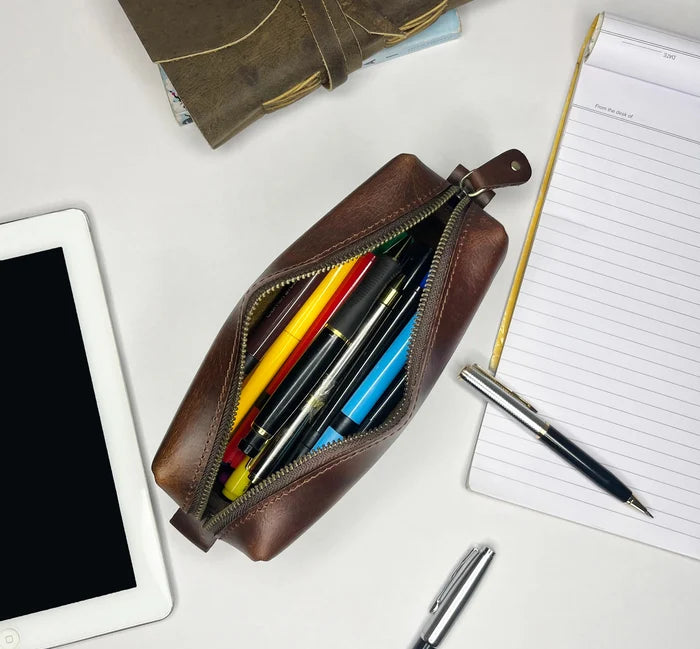 Charlie Leather Pencil Case - Handcrafted Premium Zippered Pen Pouch (Walnut Brown)