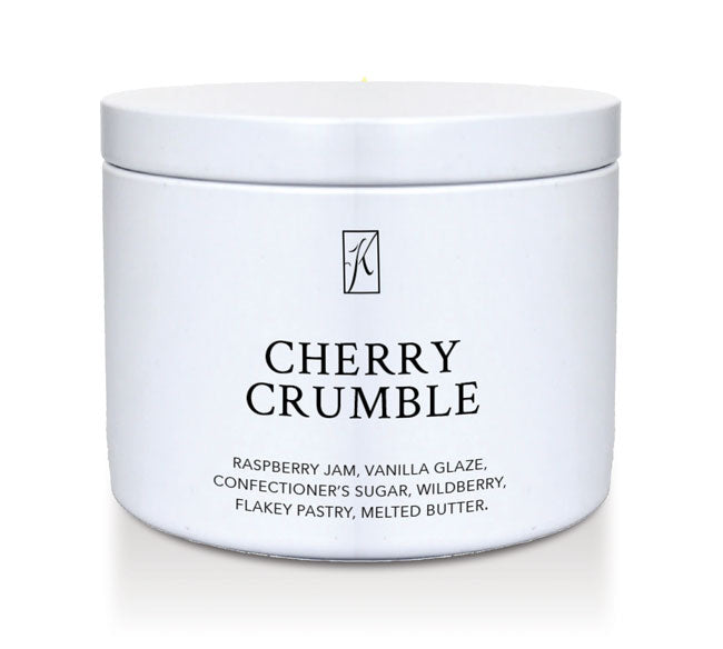 'Cherry Crumble' scented Candle Tin by Kringle Candle on a white background