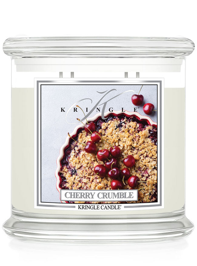 Kringle Candle with cherry crumble design on a white background