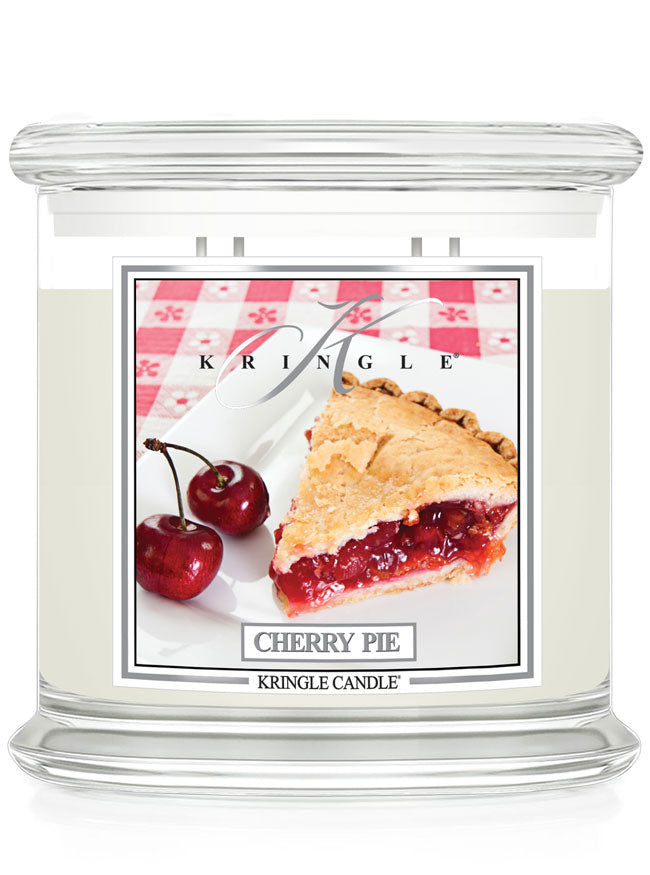 Kringle Candle cherry pie scented candle with a label on a white background