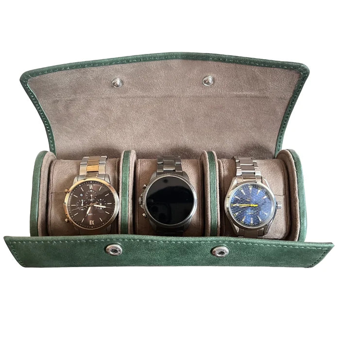 Classic Leather Travel Watch Case - 3 Slots (Green)