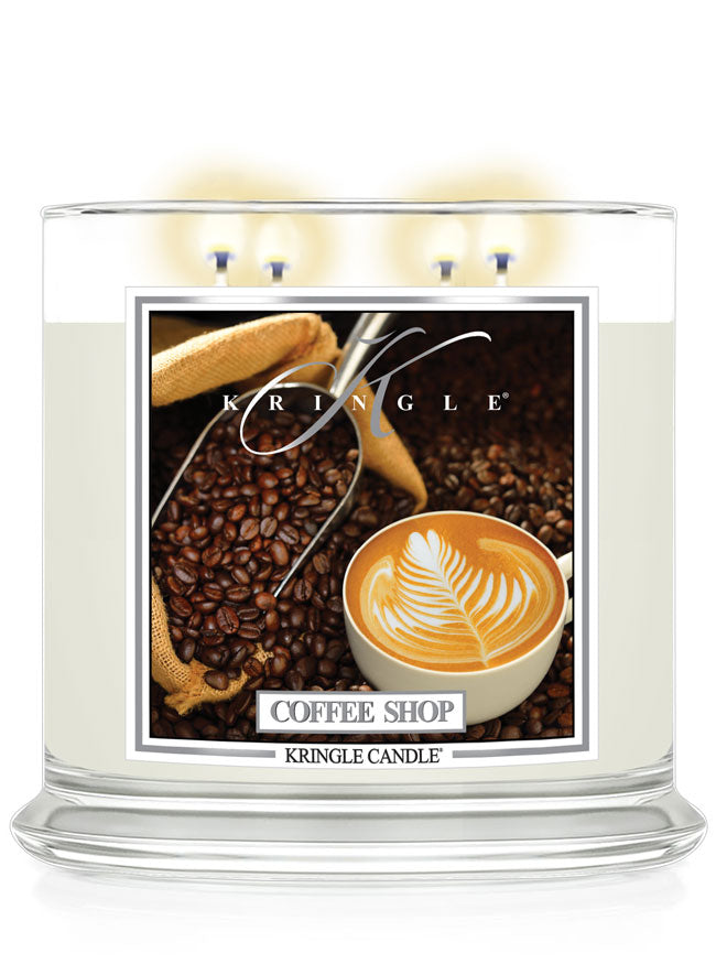 Kringle Candle Coffee Shop scented candle with coffee beans and a cup of coffee on the label.