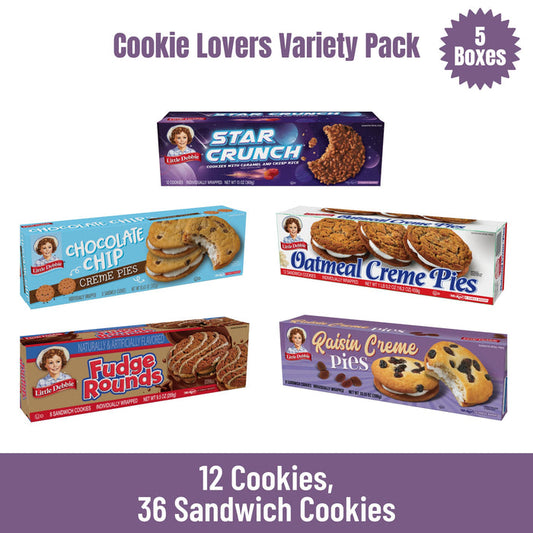 Five boxes of Little Debbie snacks stacked underneath text reading Cookie Lovers Variety Pack 5 Boxes.