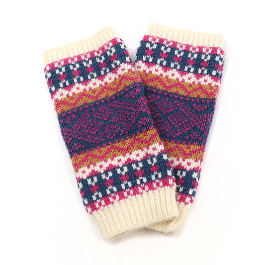 Cream & Navy Fairisle Wrist Warmers
