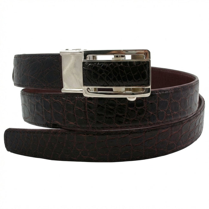 Dark brown crocodile leather men's belt with silver automatic buckle featuring leather inlay detail
