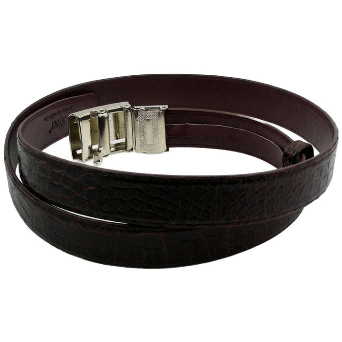 Back view of crocodile leather belt showing automatic ratchet buckle mechanism and smooth leather interior
