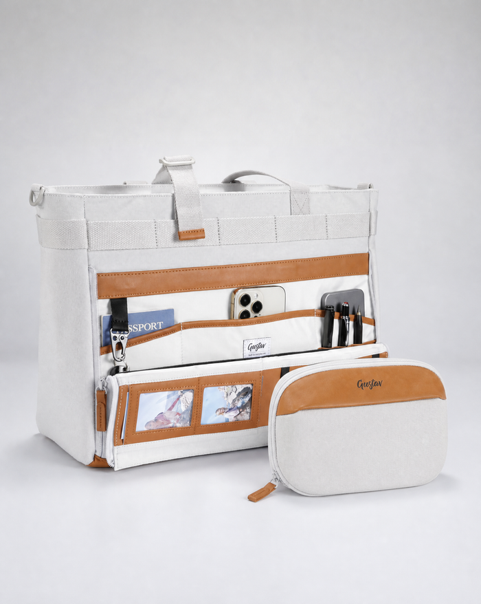 White and brown travel organizer with compartments on a white background