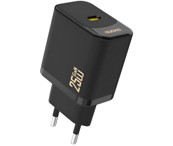 A black DUDAO Fast Wall Charger Gan with a power output of 25W, featuring a compact design with a digital display showing the power status.