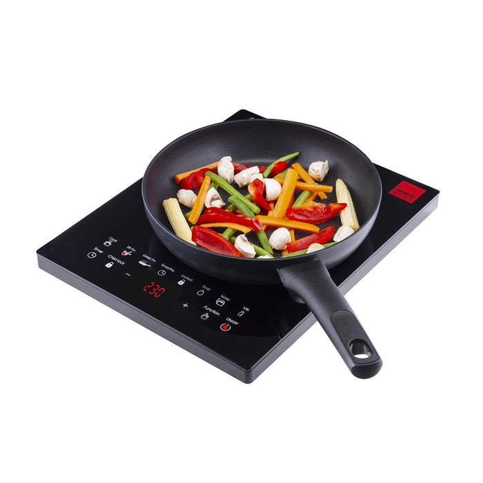A black induction hob with a digital display and touch panel controls, featuring a pan with colorful vegetables on it - Buy Now Electric Digital Induction Hob 8 Adjustable Temperature
