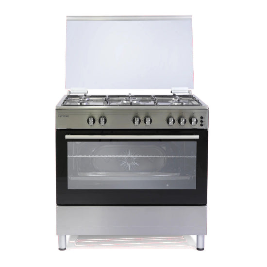Stainless steel gas cooker with glass door on a white background