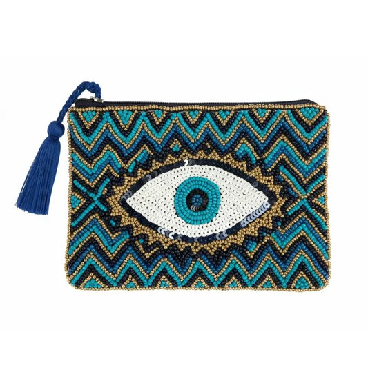 Elie Beaumont Serendipity Beaded Pouch - Silver Evil Eye