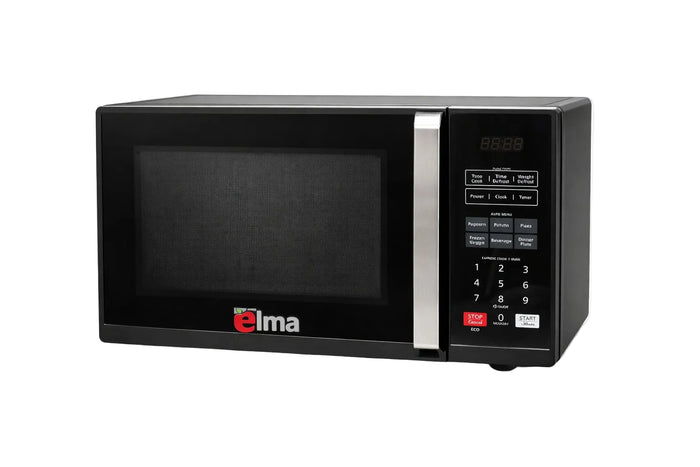 Black microwave oven with digital display on a white background