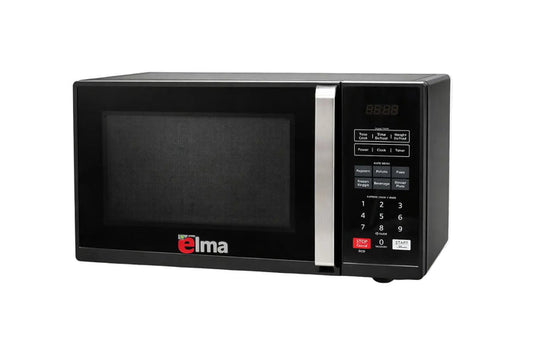 Black microwave oven with digital display on a white background