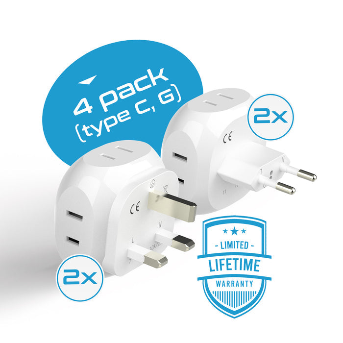 Europe Travel Adapter Set- 4 in 1 - Ultra Compact - Light Weight - 4 Pack (PT-9C-7-4PK)