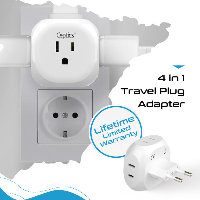 Europe Travel Adapter Set- 4 in 1 - Ultra Compact - Light Weight - 4 Pack (PT-9C-7-4PK)