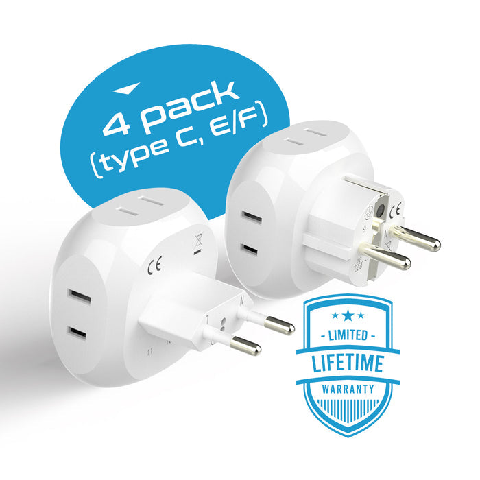 European Travel Adapter Set- 4 in 1 - Ultra Compact - Light Weight - 4 Pack (PT-9-9C-4PK)