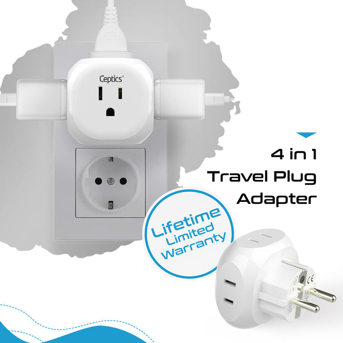 European Travel Adapter Set- 4 in 1 - Ultra Compact - Light Weight - 4 Pack (PT-9-9C-4PK)