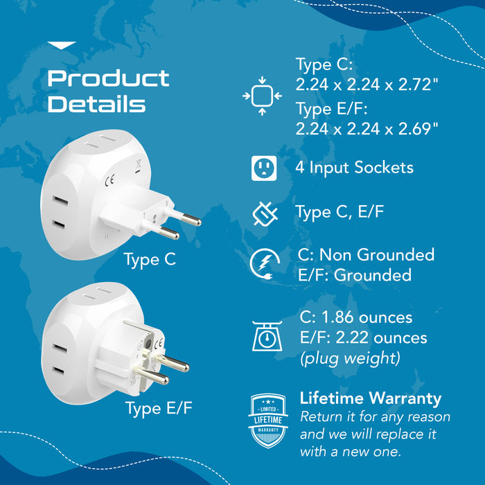 European Travel Adapter Set- 4 in 1 - Ultra Compact - Light Weight - 4 Pack (PT-9-9C-4PK)