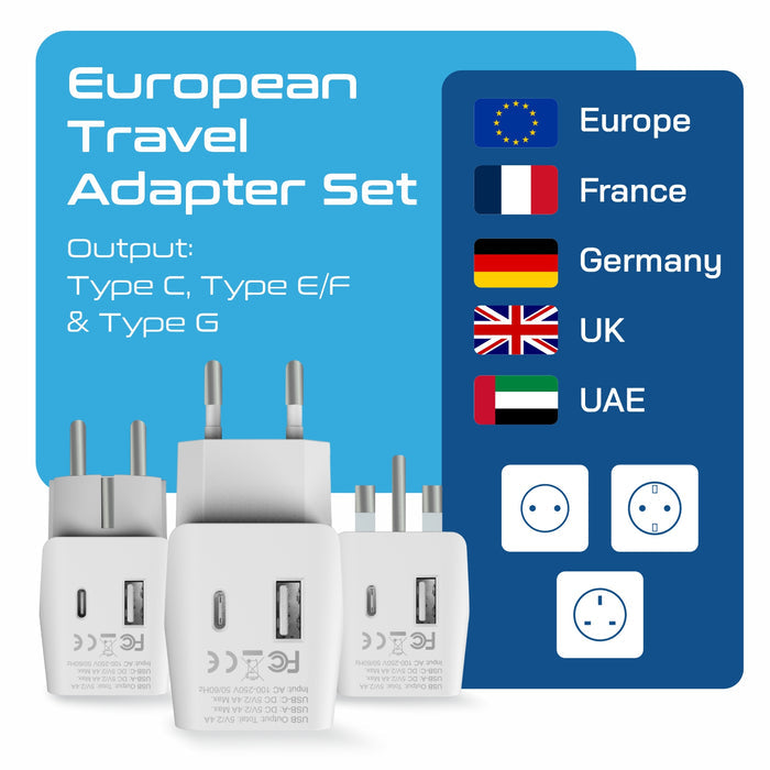 European Travel Adapter Set – Type E/F, G, C - With USB-A + USB-C - 3pcs (CTU-EU-SET)