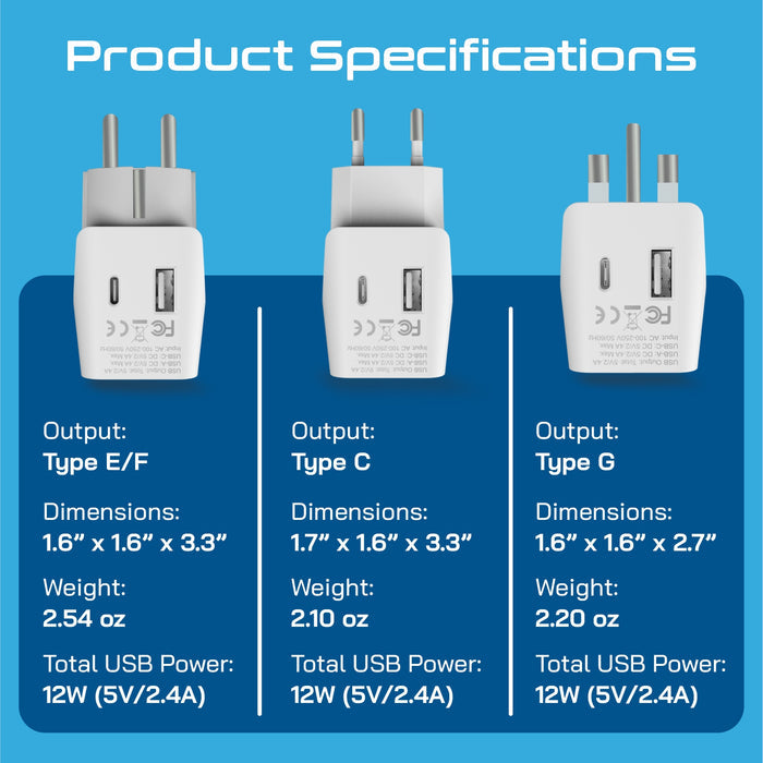 European Travel Adapter Set – Type E/F, G, C - With USB-A + USB-C - 3pcs (CTU-EU-SET)