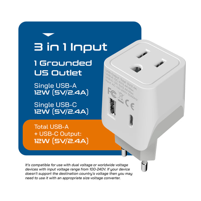 European Travel Adapter Set – Type E/F, G, C - With USB-A + USB-C - 3pcs (CTU-EU-SET)