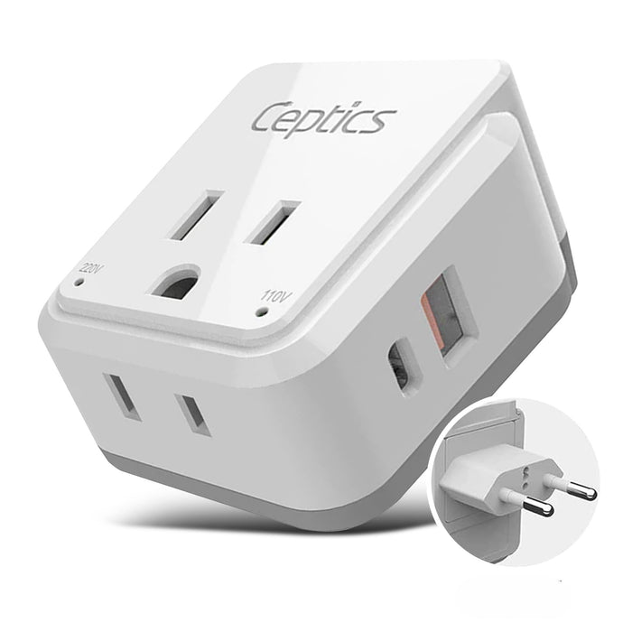 European Travel Adapter | Type C - USB & USB-C Ports + 2 US Outlets (PAK-C)