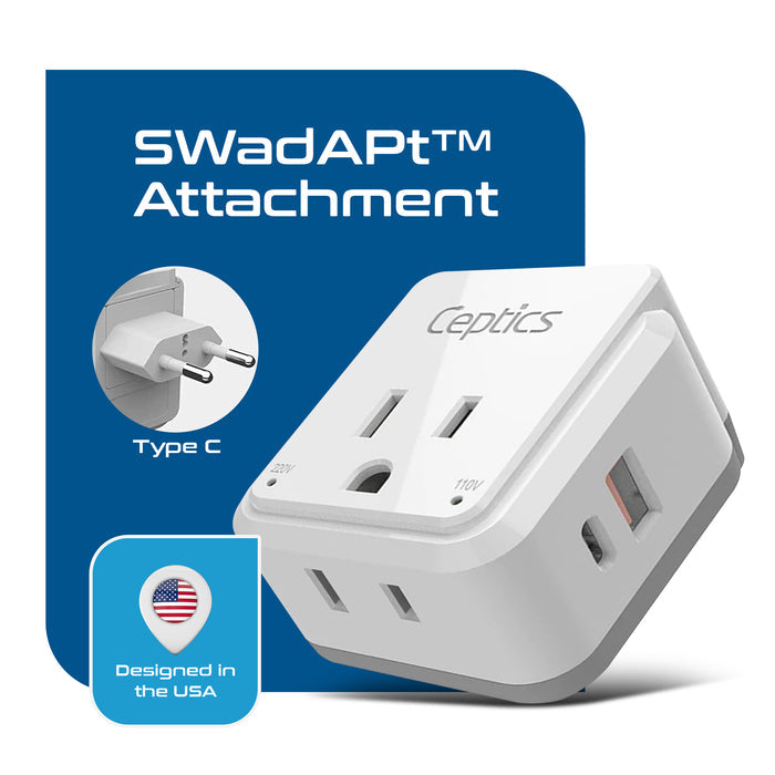 European Travel Adapter | Type C - USB & USB-C Ports + 2 US Outlets (PAK-C)